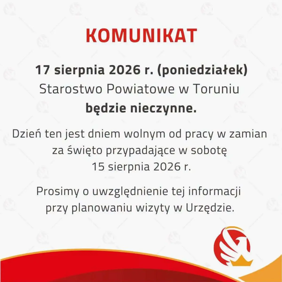 Informacja o dniu wolnym od pracy - 17 sierpnia 2026 r.