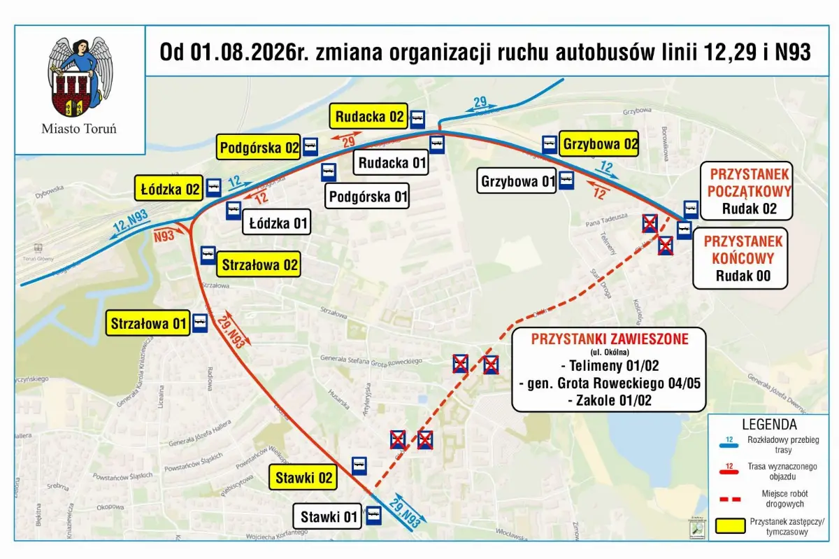 Zmiany tras autobusów linii 12, 29 i N93 od 1 sierpnia