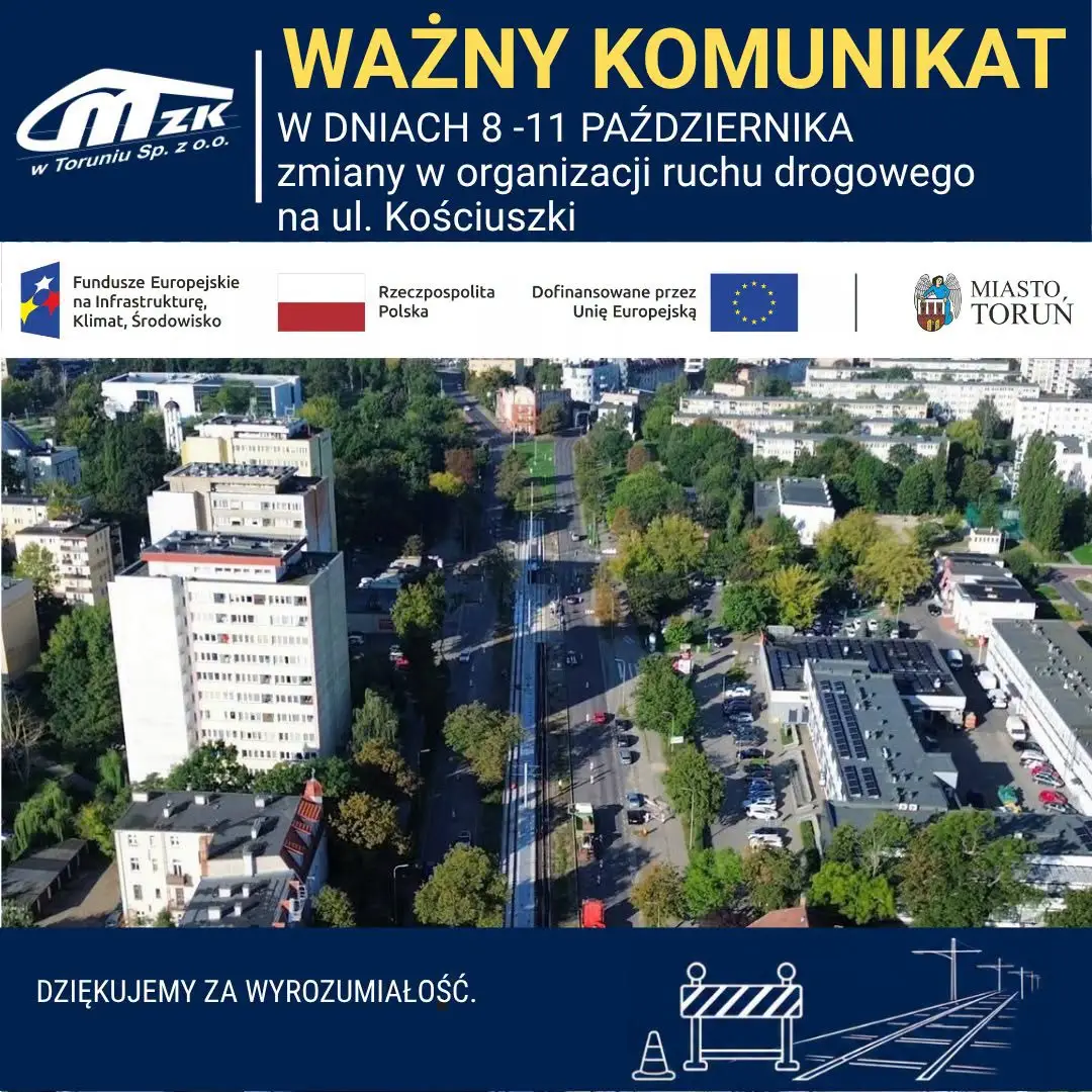 Modernizacja ul. Kościuszki w Toruniu - zmiany w organizacji ruchu